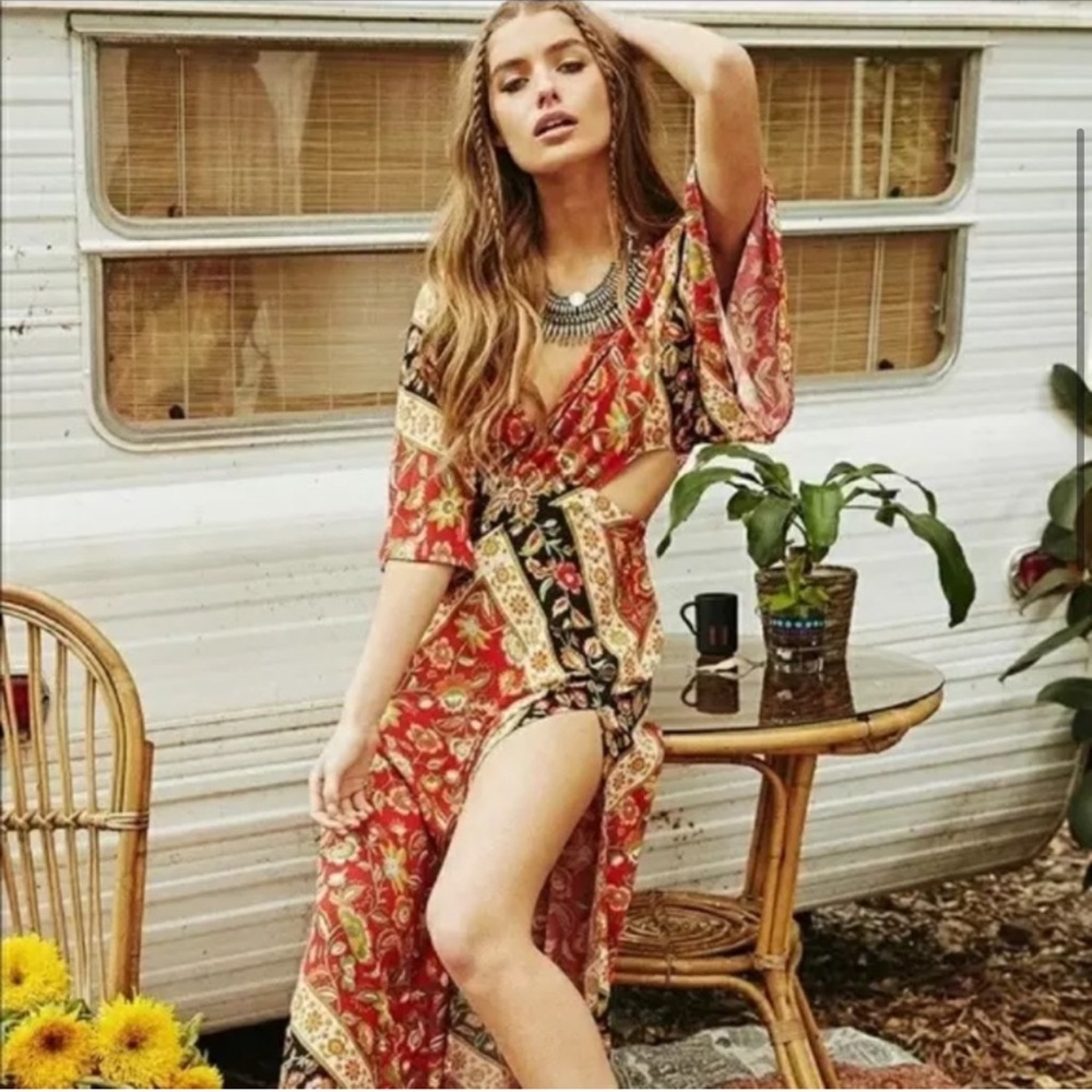 Red Bohemian Kimono Open Back floral Maxi Dress - Picture 2 of 6